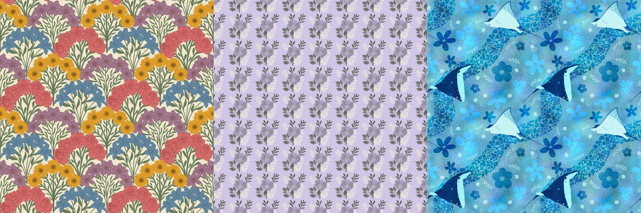 Example Patterns 5 Wildflower collage in a fan shaped pattern, water color purple flowers on a lilac background, cosmic sting rays on a blue background with flowers.