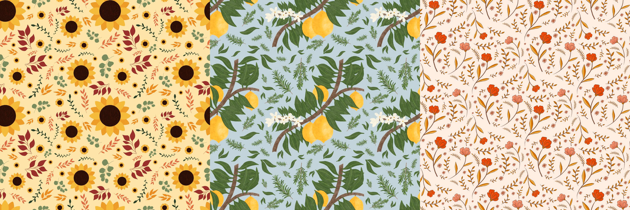 Example Patterns 2 sunflowers and fall color leaves on a sunny yellow background, lemon tree branch on a sky blue background, ogee drawn flowers on a peach background