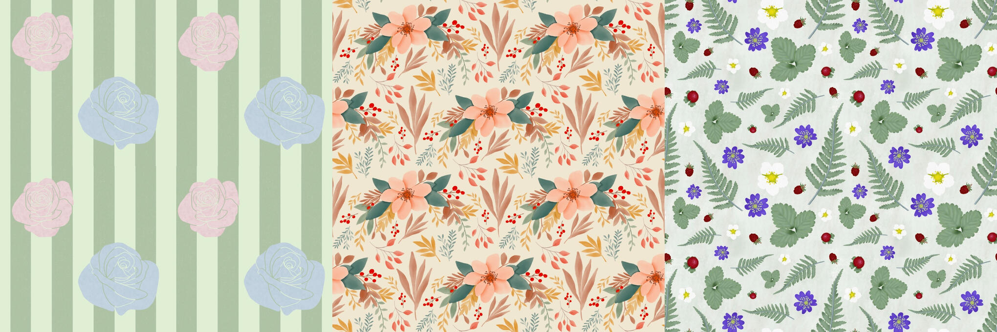 Example Patterns 3 dark and light green stripes with pastel roses, watercolor floral on a cream background, ferns and other forest floor plants on a sage background
