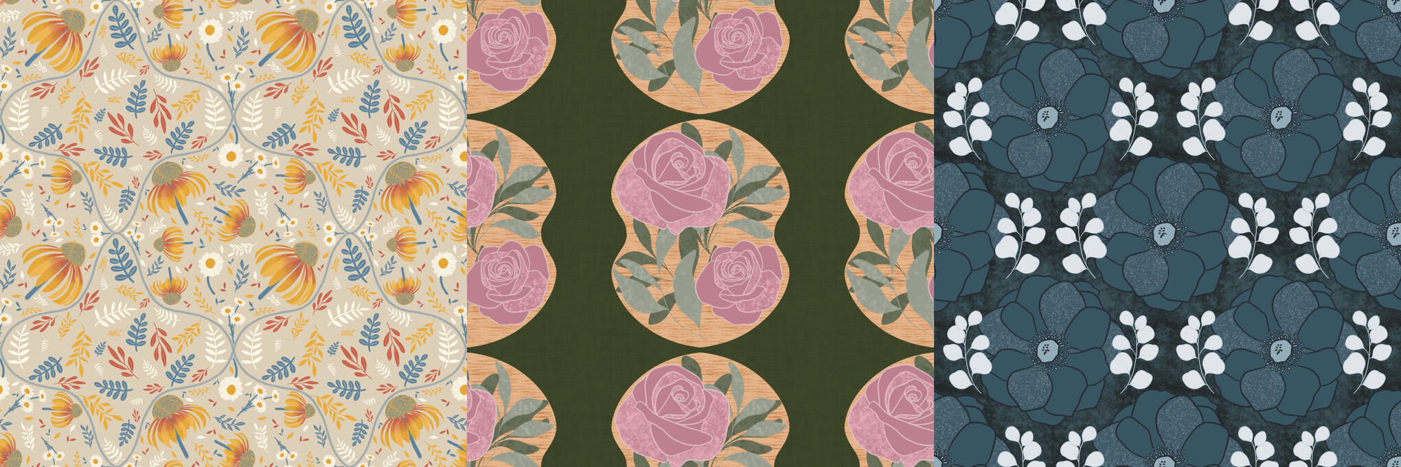 Example Patterns 4 Country retro chic coneflower pattern on an oatmeal background, wood block roses on a hunter green background, dark blooms on a midnight background.